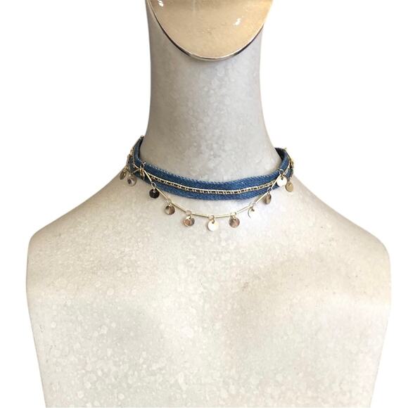 ettika NWOT Denim And Gold Plated Brass Disc Chain Lobster Clasp Choker Necklace - Picture 3 of 7